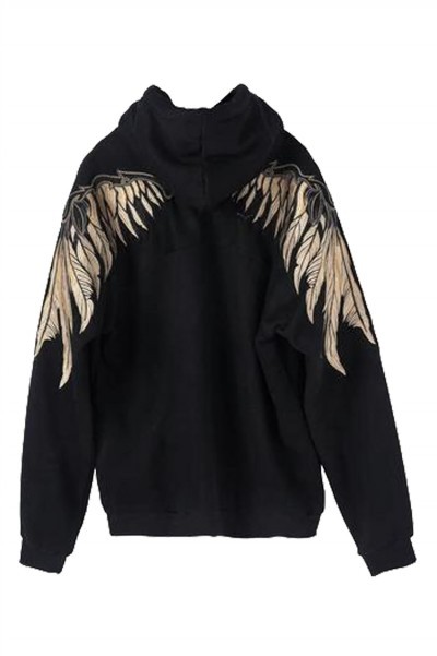 SKZ005 manufacturing embroidered wings loose hooded sweater design black and white contrast hooded sweater hooded sweater center back view